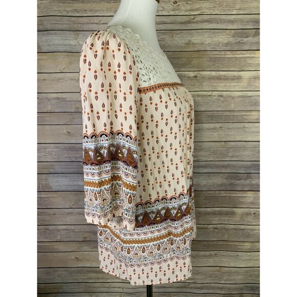 Umgee Small Peasant Top Lace Crocheted Neckline Boho 3/4 Sleeve Prairie Hippie - Picture 7 of 10